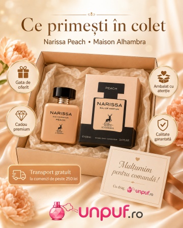 Parfum Arăbesc Narissa Peach Maison Alhambra EDP 100 ml Damă, Inspirat Narciso Poudree, Aromă Lemnos Floral Mosc cu Floare de Portocal, Iasomie, Trandafir, Vetiver, Mosc, Cumarină, Cedru și Paciuli - Img 6