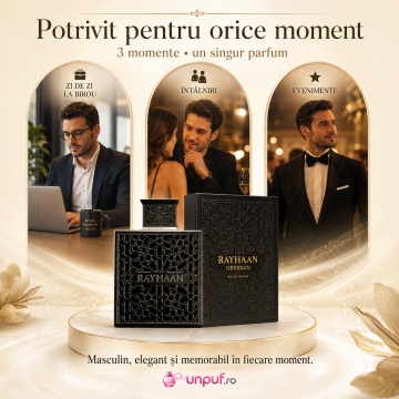 Parfum Arăbesc Obsidian Rayhaan EDP 100 ml Unisex, Inspirat Ultra Male, Aromă Oriental Ambrată cu Citrice, Condimente, Piper, Rășini, Flori Albe, Tămâie, Ambră, Lemn Întunecat și Mosc - Img 6