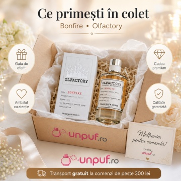 Parfum Arăbesc Olfactory Bonfire Fragrance World 100 ml, Apă de Parfum Unisex, Damă și Bărbat, Aromă Lemnos Fumurie Ambrată cu Bergamotă, Cuișoare, Piper, Guaiac, Rășini, Tămâie, Fum, Ambră, Lemn Ars și Mosc - Img 4