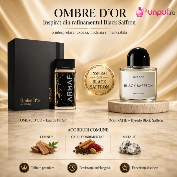 Parfum Arăbesc Ombre D’or Armaf 75 ml, Apă de Parfum Unisex, Damă, Bărbat, Aromă Oriental Lemnoasă Aurie, Inspirat Crystal Saffron Matiere Premiere - Img 8