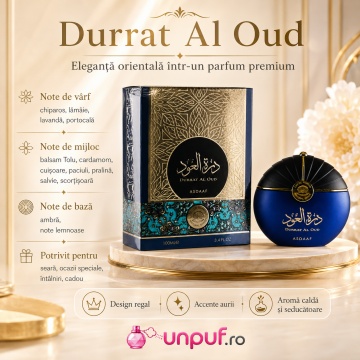 Parfum Arăbesc Original Lattafa Durrat Al Oud EDP 100 ml Unisex, Inspirat Hypnotic Poison, Aromă Lemnos Aromatică cu Lavandă, Portocală, Cardamom, Pralină, Ambră și Note Lemnoase - Img 3