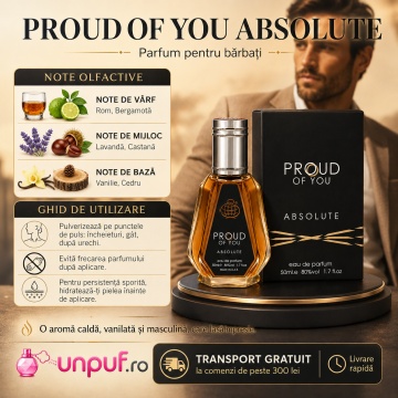 Parfum Arăbesc Proud of You Absolute Fragrance World 50 ml, Apă de Parfum Bărbat, Aromă Oriental Fougère Gourmand cu Elemi, Bergamotă, Rom, Castan Confiat, Davana, Lavandă, Patchouli, Vanilie de Madagascar și Cedru - Img 9