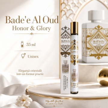 Parfum Badee Al Oud Honor & Glory 35 ml, Apă de Parfum Unisex, Aromă Dulce Orientală, Tropicală și Cald Condimentată, Format Compact, Note de Ananas, Cremă de Zahăr Ars, Scorțișoară, Vanilie, Lemn de Santal și Mosc - Img 2