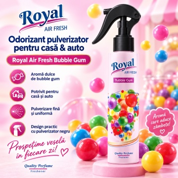 Parfum Concentrat de Cameră Bubble Gum Royal, Parfum Ambiental Intens cu Aromă Dulce de Gumă de Mestecat, pentru Spații Interioare si Auto, 250 ml