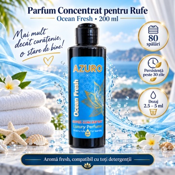 Parfum Concentrat pentru Rufe Azuro Ocean Fresh, până la 80 Spălări, Aromă Fresh Marină, pentru Spălare Automată și Manuală, 200 ml