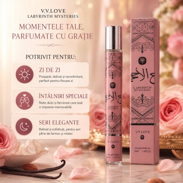 Parfum Damă Arăbesc Labyrinth Mysteries 35 ml V.V. Love, Inspirat de Noble Blush Lattafa, Aromă Dulce Pudrată cu Lapte de Trandafiri, Bezea, Migdale, Vanilie, Mosc și Lemn de Santal - Img 5