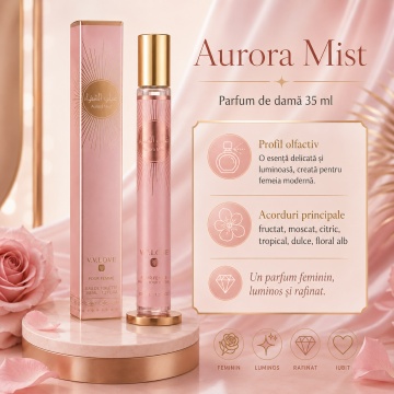 Parfum Damă Aurora Mist 35 ml V.V. Love, Apă de Toaletă, Inspirat de Valentino Donna Born In Roma Coral Fantasy, Aromă Fructat Florală cu Kiwi, Portocală, Trandafir, Iasomie, Mosc, Ambrette și Cedru - Img 3