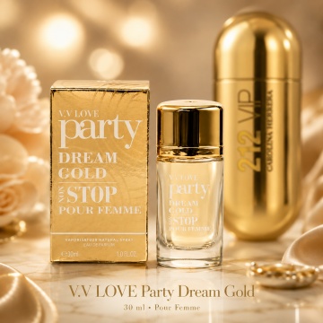 Parfum Damă V.V. Love Party Dream Gold Non Stop Pour Femme Eau de Parfum 30 ml, Inspirat din Carolina Herrera 212 VIP, Aromă Dulce și Elegantă