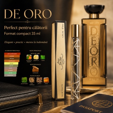 Parfum De Oro 35 ml, Apă de Parfum Unisex, Aromă Cald Condimentată, Ambrată și Lemnoasă, Format Compact, Note de Mandarină Sângerie, Grapefruit, Mentă, Scorțișoară, Paciuli Indian, Note Lemnoase, Pielărie și Ambră - Img 5