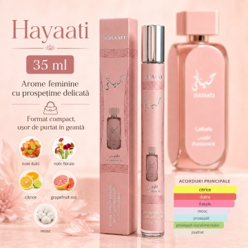 Parfum Hayaati 35 ml, Apă de Parfum Damă, Aromă Floral Fructată Dulce, Citrică și Moscată, Format Compact, Note de Grapefruit Roz, Citrice, Flori, Mosc, Lychee, Trandafir, Piersică, Vanilie și Pralină - Img 7