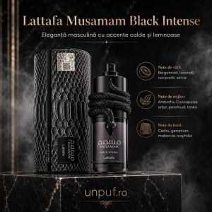 Parfum Lattafa Musamam Black Intense 100 ml, Apă de Parfum Bărbat, Aromă Lemnos Condimentată, Note de Bergamotă, Lavandă, Nucșoară, Salvie, Cedru, Patchouli și Tonka - Img 10