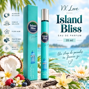Parfum pentru femei Island Bliss V.V. Love, Apa de Parfum, 35 ml, aroma vanilata dulce tropicala, fructe mici salbatice, note verzi, nuca de cocos, floare de portocal, nufar, vanilie, mosc si boabe de tonka