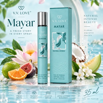 Parfum pentru femei Mayar V.V. Love, Apa de Parfum, 35 ml, aroma florala acvatica fructata, mandarina verde, smochina, apa de cocos, pepene, lotus, nufar, iasomie, mosc, ambroxan, lemn de santal si vanilie