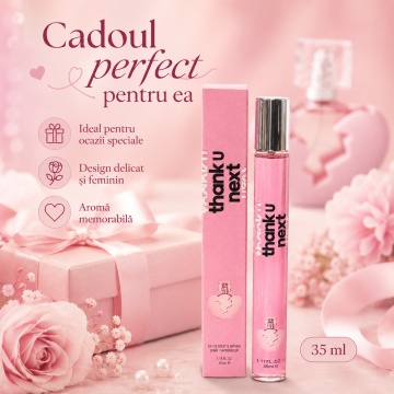 Parfum Thank U Next 35 ml, Apă de Parfum Damă, Aromă Fructat Gourmandă, Format Compact, Note de Pară, Zmeură, Nucă, Trandafir Roz, Mosc și Macaroon, Inspirat din Ariana Grande Thank U, Next - Img 5