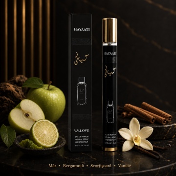 Parfum Unisex Arăbesc Hayaati 35 ml V.V. Love, Apă de Parfum, Inspirat de Hayaati Lattafa, Aromă Fructată Cald Condimentată cu Măr, Bergamotă, Scorțișoară, Note Lemnoase, Mosc și Vanilie - Img 3