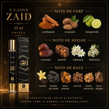 Parfum Unisex Arăbesc Zaid 35 ml V.V. Love, Apă de Toaletă, Inspirat de Khamrah Lattafa, Aromă Dulce Cald Condimentată cu Scorțișoară, Nucșoară, Bergamotă, Curmale, Pralină, Tuberoză, Vanilie, Tonka, Lemn Ambrat și Smirnă - Img 4