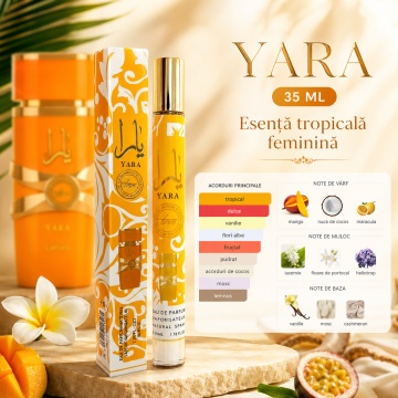 Parfum Yara 35 ml, Apă de Parfum Damă, Aromă Tropicală Dulce, Vanilată și Florală, Format Compact, Note de Mango, Nucă de Cocos, Maracuia, Iasomie, Floare de Portocal, Heliotrop, Vanilie, Mosc și Cashmeran - Img 2