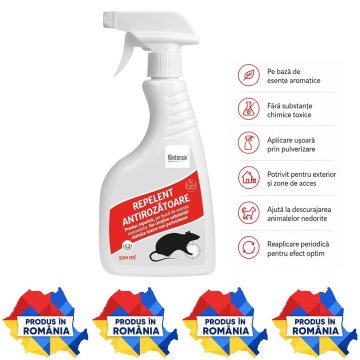 Repelent natural anti rozătoare, soluție profesională pentru șoareci și șobolani, 100% naturală, non-toxică, pentru curți, depozite, ferme, garaje și spații tehnice, 500 ml, 4x Stickere