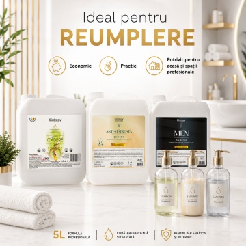 Șampon anti-cădere Klintensiv, formulă profesională cu Caffeine, Niacinamide, Zinc PCA și D-Panthenol, pentru saloane, hoteluri, firme și reumplere, produs românesc, bidon 5 L, 4x stickere - Img 6