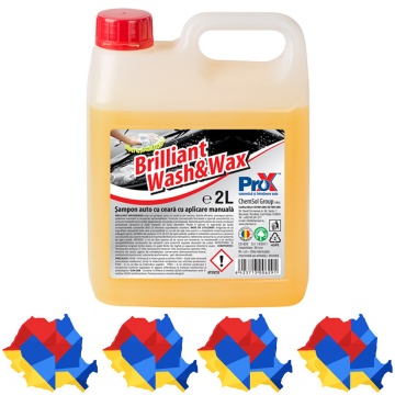 Șampon auto cu ceară PRO X Brilliant Wash&Wax, pH neutru, spumare consistentă, curățare, degresare, ceruire și protecție caroserie, luciu intens, 2 L, 4x Stickere