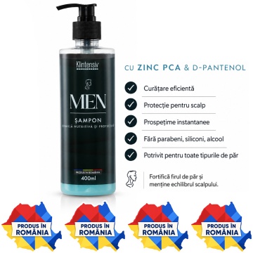 Șampon pentru bărbați Klintensiv, cu Zinc PCA și D-Pantenol, fortificare păr, scalp echilibrat, prospețime instantanee, fără parabeni, siliconi și alcool, pentru toate tipurile de păr, 400 ml, 4x Stickere