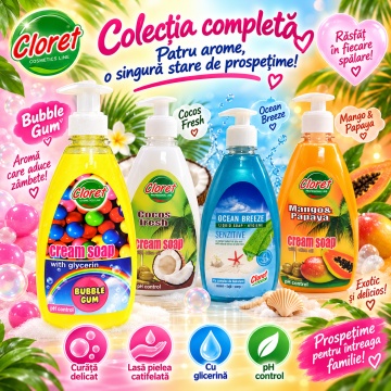 Săpun Lichid Cremos Cloret Cocos Fresh cu Pompiță, pentru Mâini, cu Ulei de Măsline, Curățare Delicată și Parfum de Cocos, 500 ml - Img 6