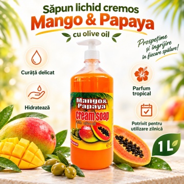Săpun Lichid Cremos Cloret Mango Papaya cu Pompiță, pentru Mâini, cu Ulei de Măsline, Curățare Delicată și Parfum Tropical, 1 L