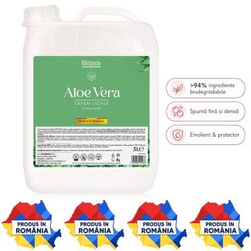 Săpun lichid Klintensiv, parfum Aloe Vera, formulă profesională pentru mâini și tegumente, peste 94% ingrediente biodegradabile, ideal pentru hoteluri, firme, birouri și spații publice, 5 L, 4x Stickere