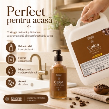 Săpun lichid Klintensiv, parfum Cafea, formulă profesională pentru mâini și tegumente, peste 94% ingrediente biodegradabile, ideal pentru hoteluri, firme, birouri și spații publice, 5 L, 4x Stickere - Img 3