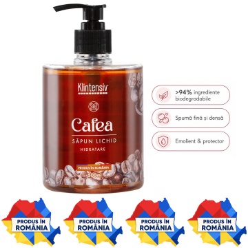 Săpun lichid Klintensiv, parfum Cafea, spumă fină, efect emolient și protectiv, peste 94% ingrediente biodegradabile, pentru mâini și tegumente, 500 ml, 4x Stickere
