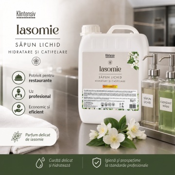 Săpun lichid Klintensiv, parfum Iasomie, formulă profesională pentru mâini și tegumente, peste 94% ingrediente biodegradabile, ideal pentru hoteluri, firme, birouri și spații publice, 5 L, 4x Stickere - Img 3