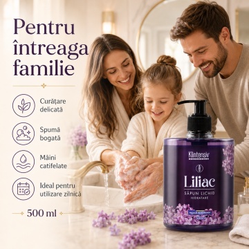 Săpun lichid Klintensiv, parfum Liliac, spumă fină, efect emolient și protectiv, peste 94% ingrediente biodegradabile, pentru mâini și tegumente, 500 ml, 4x Stickere - Img 3