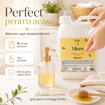 Săpun lichid Klintensiv, parfum Miere, formulă profesională pentru mâini și tegumente, peste 94% ingrediente biodegradabile, ideal pentru hoteluri, firme, birouri și spații publice, 5 L, 4x Stickere - Img 3