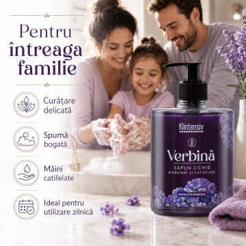 Săpun lichid Klintensiv, parfum Verbina, spumă fină, efect emolient și protectiv, peste 94% ingrediente biodegradabile, pentru mâini și tegumente, 500 ml, 4x Stickere - Img 3