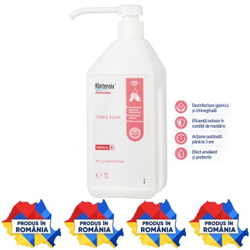 Săpun profesional igienic și chirurgical Klintensiv CHDG Soap, cu clorhexidină 4%, pentru dezinfectarea mâinilor, corpului și pregătirea preoperatorie a pielii, 1 L, 4x Sticker