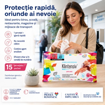 Șervețele dezinfectante mâini Klintensiv, pachet 15 buc, gata de utilizare, bactericide și levuricide, fără clătire, cu agent emolient, aviz biocid, 4x Stickere - Img 3