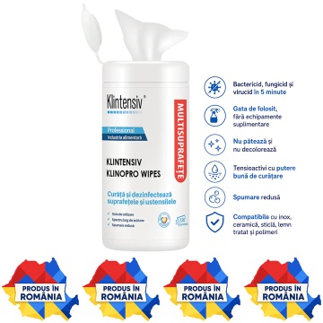 Șervețele dezinfectante suprafețe Klinopro Wipes, profesionale, bactericide, fungicide și virucide în 5 minute, pentru HoReCa, farmaceutic, alimentar și instituții publice, tub 120 buc, 4x Stickere