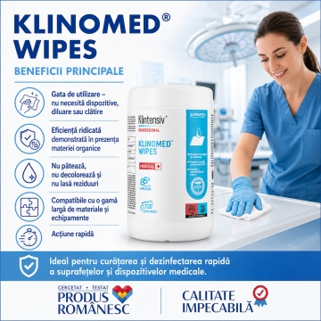 Servețele impregnate pentru dezinfectare profesională Klinomed Wipes, 85% etanol, pentru suprafețe, instrumentar și echipamente medicale, bactericide, levuricide, fungicide, virucide, micobactericide și tuberculocide, aviz biocid, 120 servetele, 4x Sticke - Img 3