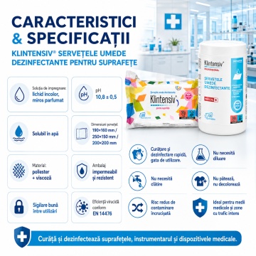 Șervețele umede dezinfectante suprafețe Klintensiv professional, pre-impregnate, pentru suprafețe, instrumentar și dispozitive medicale, bactericide, fungicide, virucide, fără clătire, aviz biocid, 80 servetele, 4x Stickere - Img 3