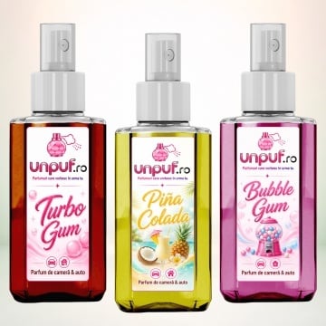 Set 3 Odorizante auto si casa Unpuf – Arome Bubble Gum Pina Colada Turbo Gum, 3 x 75 ml
