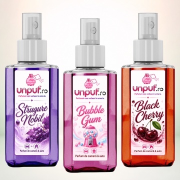 Set 3 Odorizante auto si casa Unpuf, Arome Black Cherry Bubble Gum Strugure Nobil, cu pulverizator, improspatare aer si parfum de durata, 3x75 ml