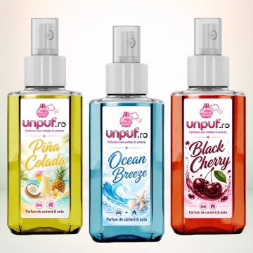 Set 3 Odorizante auto si casa Unpuf, Arome Black Cherry Ocean Breeze Pina Colada, cu pulverizator, improspatare aer si parfum de durata, 3x75 ml