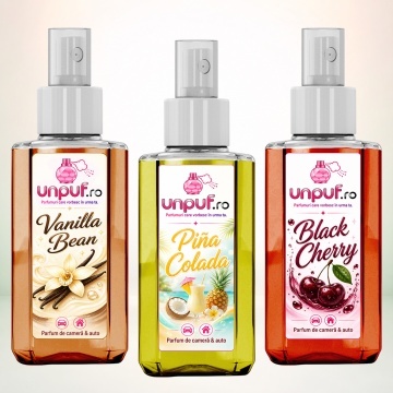 Set 3 Odorizante auto si casa Unpuf, Arome Black Cherry Pina Colada Vanilla Bean, cu pulverizator, improspatare aer si parfum de durata, 3x75 ml