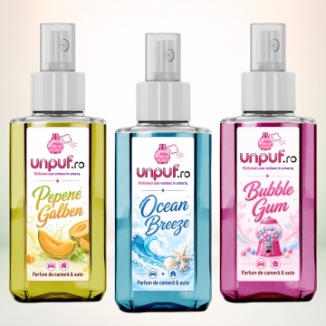 Set 3 Odorizante auto si casa Unpuf, Arome Bubble Gum Ocean Breeze Pepene Galben, cu pulverizator, improspatare aer si parfum de durata, 3x75 ml