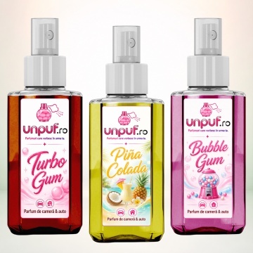 Set 3 Odorizante auto si casa Unpuf, Arome Bubble Gum Pina Colada Turbo Gum, cu pulverizator, improspatare aer si parfum de durata, 3x75 ml
