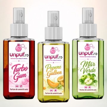 Set 3 Odorizante auto si casa Unpuf, Arome Mar Verde Pepene Galben Turbo Gum, cu pulverizator, improspatare aer si parfum de durata, 3x75 ml