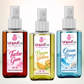 Set 3 Odorizante auto si casa Unpuf, Arome Ocean Breeze Pepene Galben Turbo Gum, cu pulverizator, improspatare aer si parfum de durata, 3x75 ml