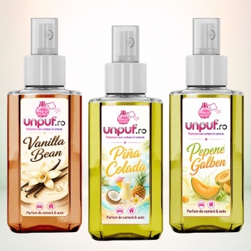 Set 3 Odorizante auto si casa Unpuf, Arome Pepene Galben Pina Colada Vanilla Bean, cu pulverizator, improspatare aer si parfum de durata, 3x75 ml