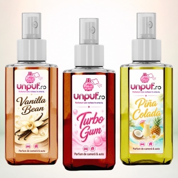 Set 3 Odorizante auto si casa Unpuf, Arome Pina Colada Turbo Gum Vanilla Bean, cu pulverizator, improspatare aer si parfum de durata, 3x75 ml