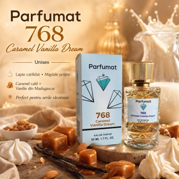 Set Apa de parfum Parfumat 768 Caramel Vanilla Dream, Unisex, 50 ml si Gentuta cosmetice - Img 4